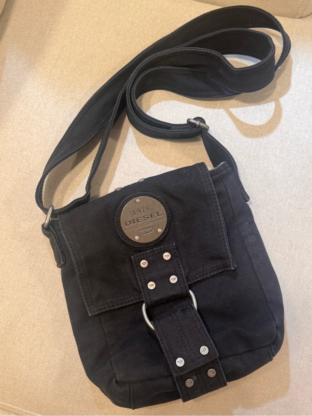 Diesel Black Canvas Messenger Bag with Branded Metal Plate